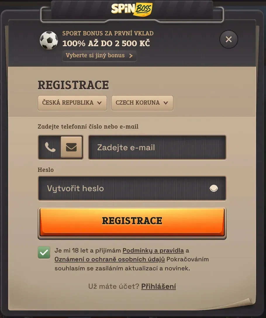Registrační formulář na SpinBoss