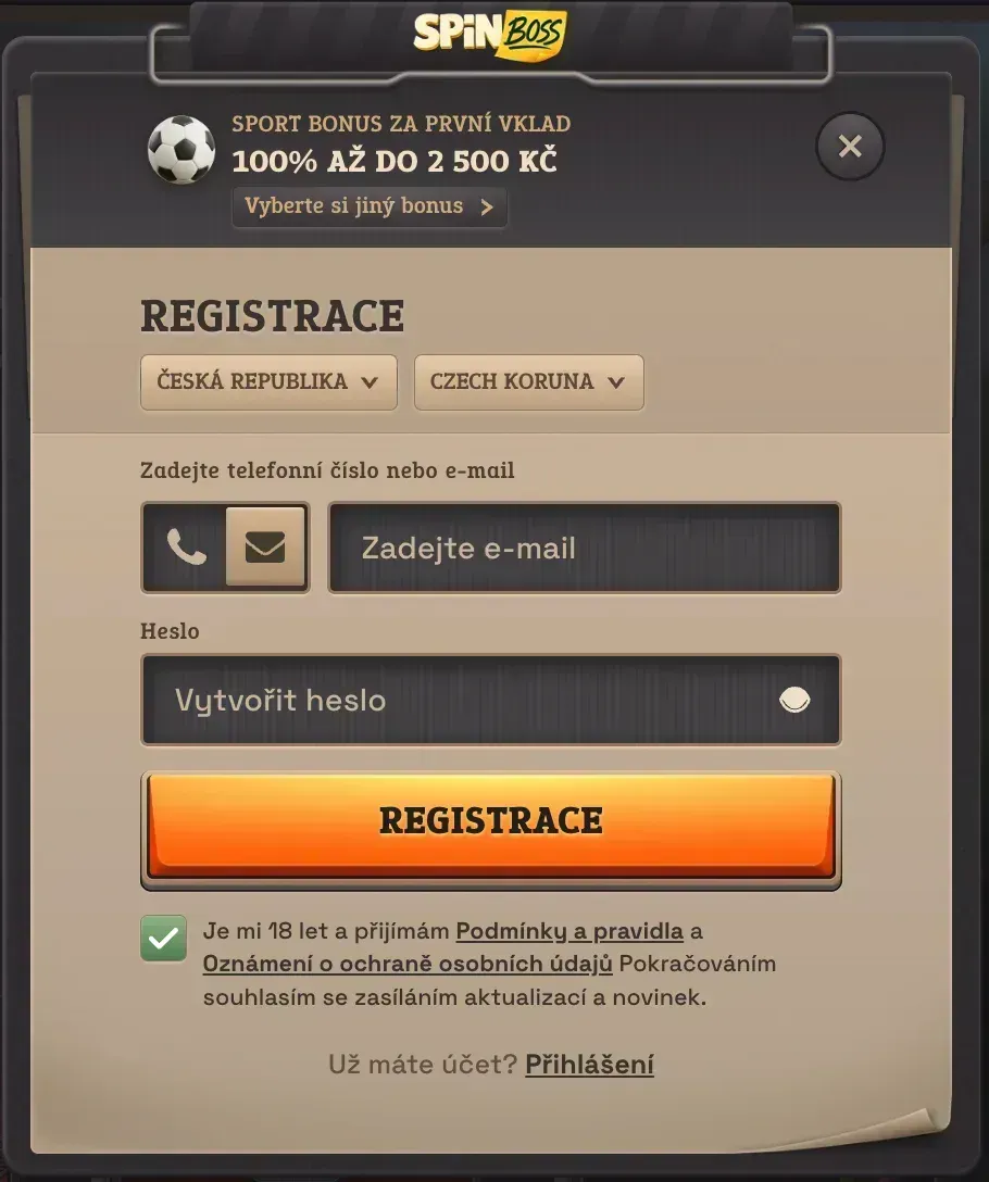 Registrační formulář na SpinBoss